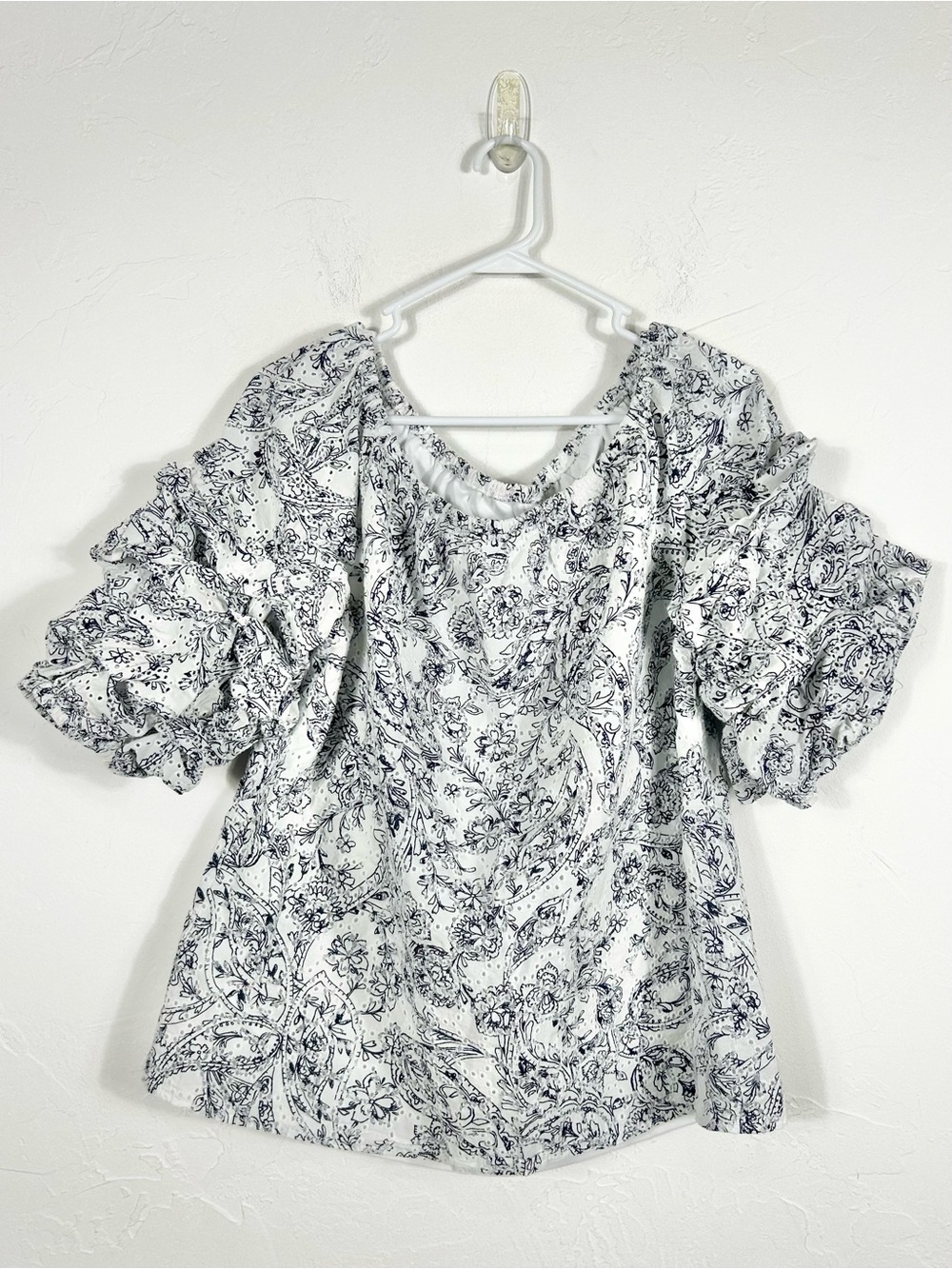 CeCe White Black Paisley Floral Eyelet Layered Ruffle Sleeve Off Shoulder Top